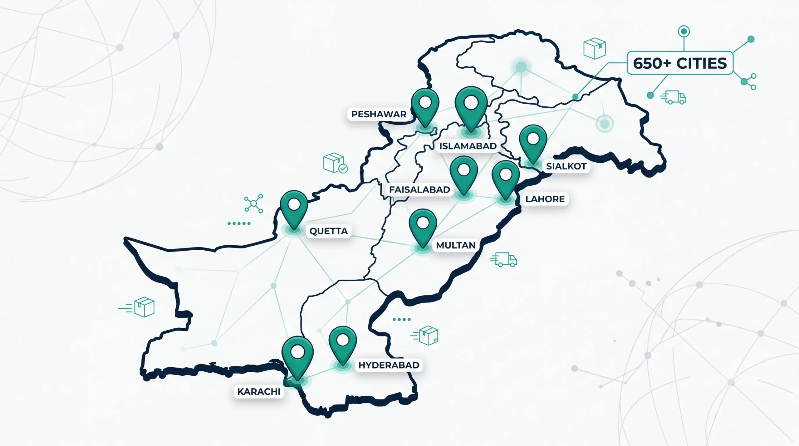 Map of Pakistan showing Call Courier PostEx delivery coverage across 650+ cities