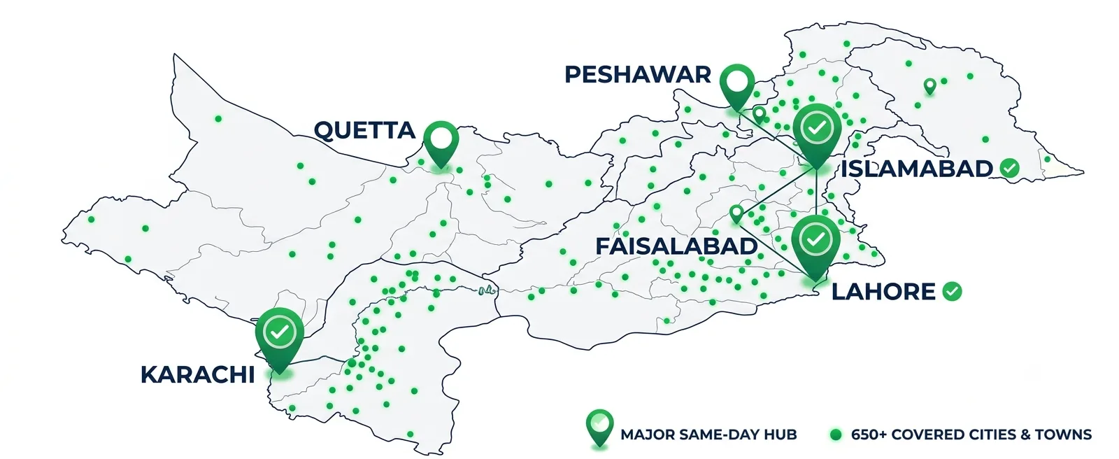 Map of Pakistan showing Postex delivery coverage across 650+ cities including Karachi, Lahore, Islamabad, Faisalabad, Quetta and Peshawar