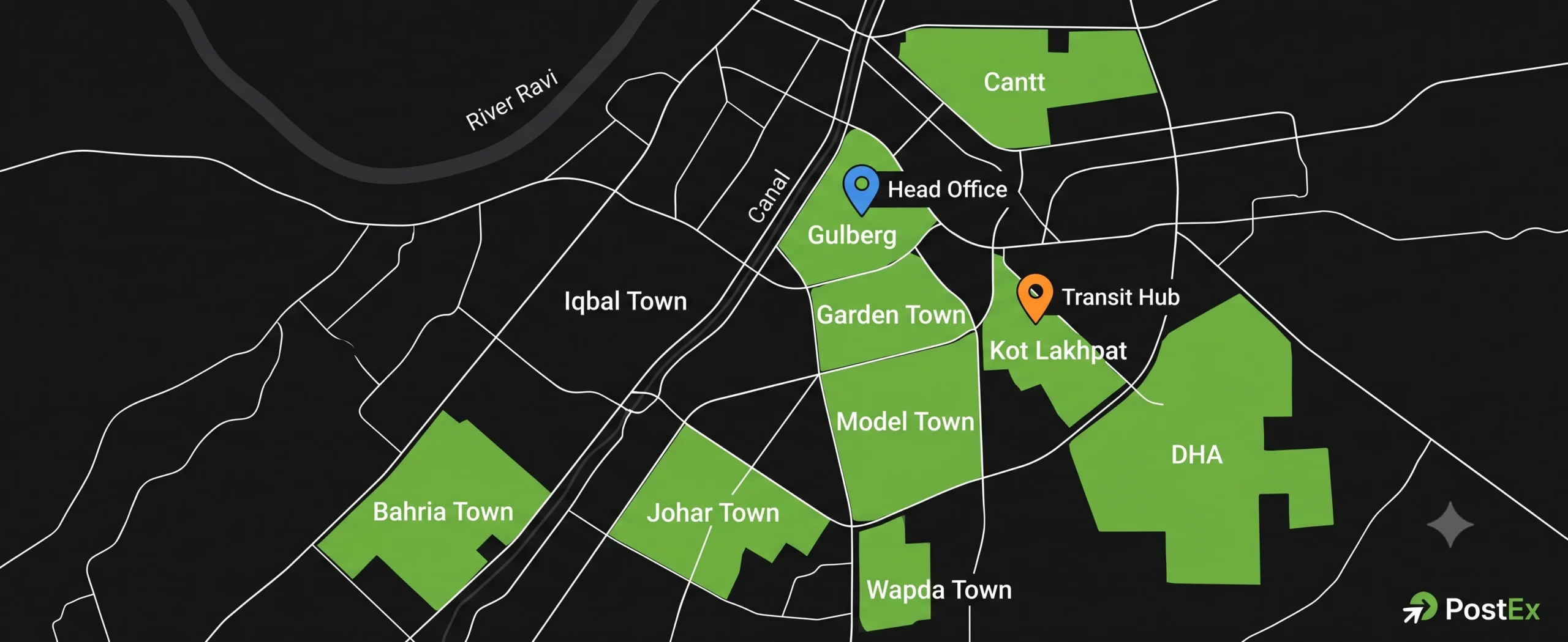 PostEx Lahore branch locations map showing DHA, Gulberg, Johar Town, Bahria Town, and Kot Lakhpat transit hub