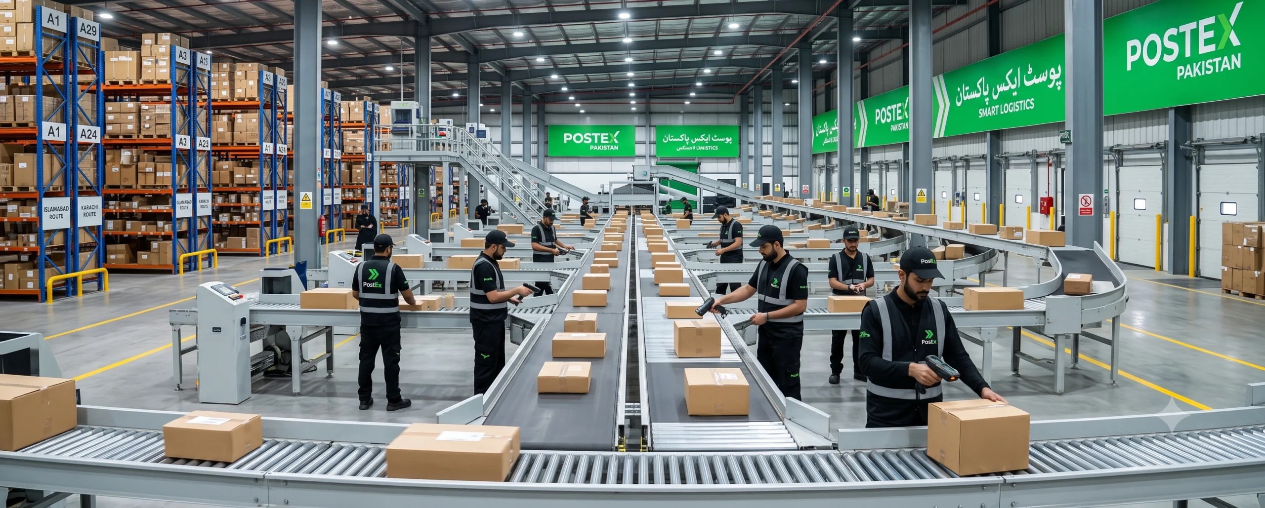 PostEx Lahore Kot Lakhpat warehouse sorting facility — parcels being processed for same-day delivery across Lahore