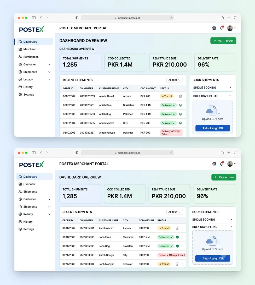 Postex Merchant Portal dashboard at merchant.postex.pk showing shipment list, COD summary and booking interface