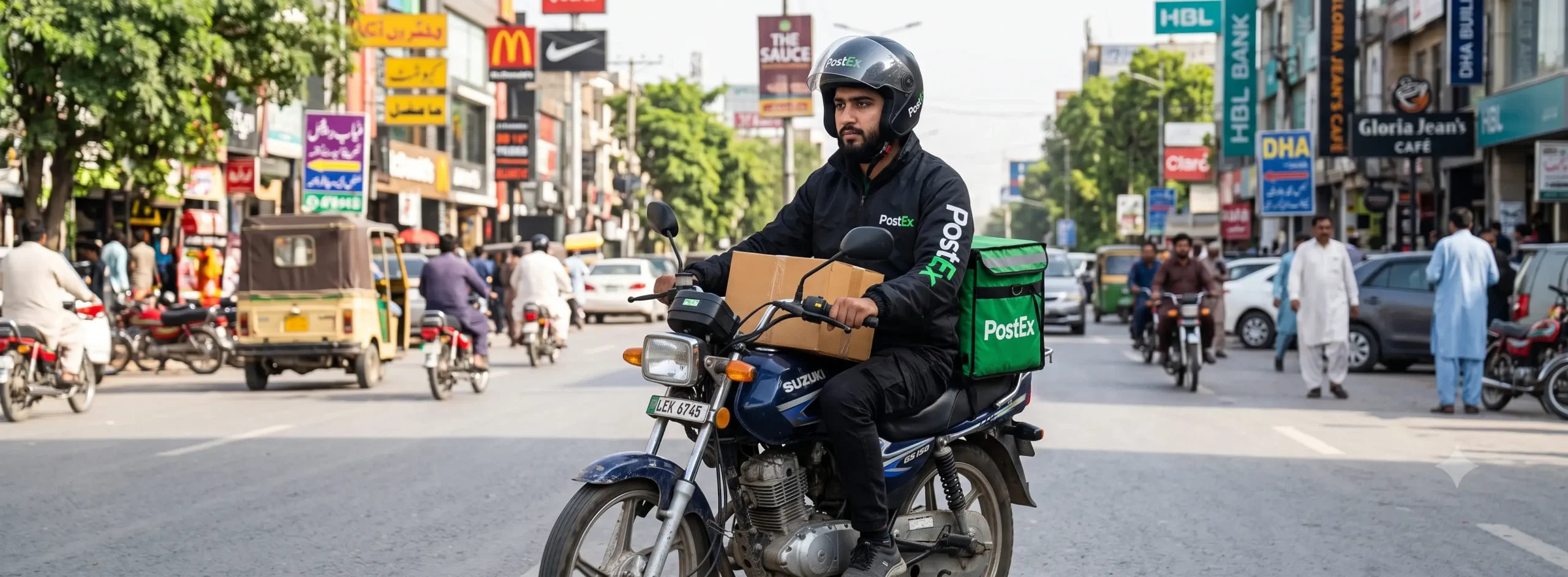 PostEx Lahore delivery rider on motorbike in Gulberg — courier service covering DHA, Johar Town, Gulberg and all Lahore areas