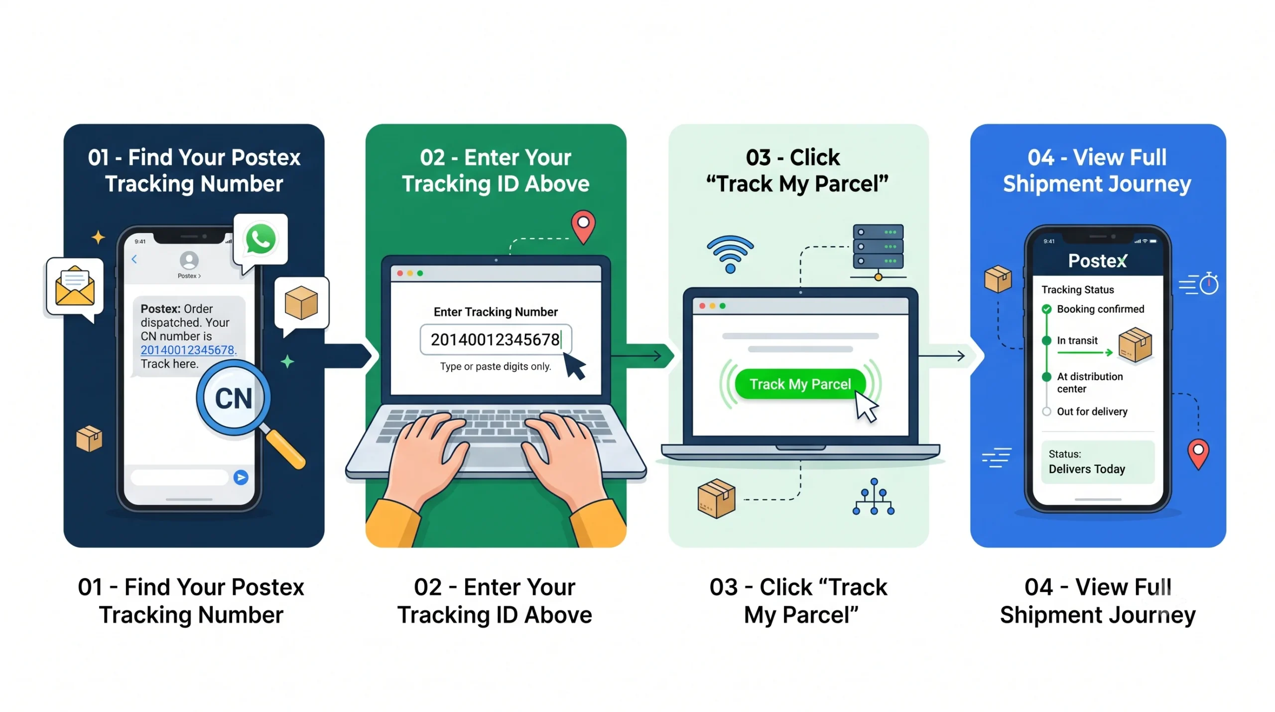 4-step Postex parcel tracking process — find CN number, enter tracking ID, click track, view shipment status