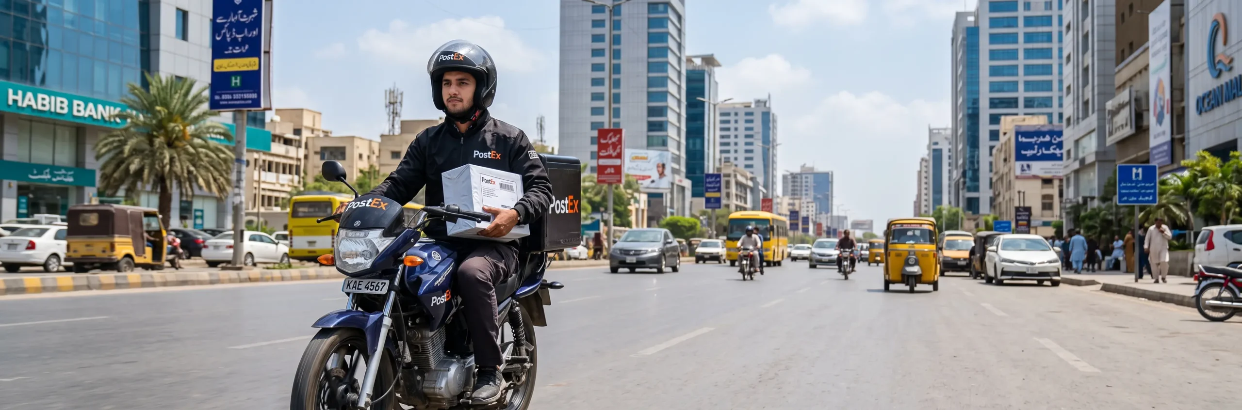 PostEx Karachi delivery rider on motorbike in Karachi city — courier service covering 650+ areas
