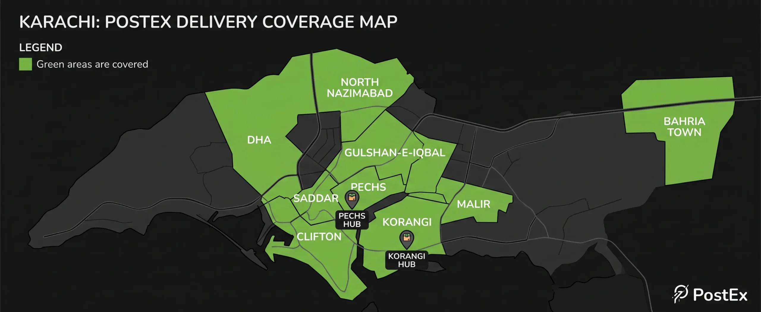 PostEx Karachi delivery coverage map showing PECHS and Korangi hubs — same-day delivery areas