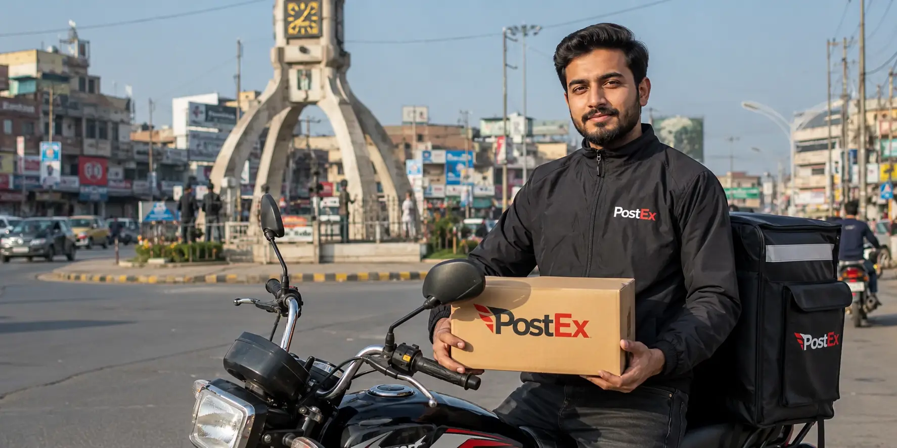 PostEx Rawalpindi delivery rider on motorbike near Saddar — courier service covering the twin cities